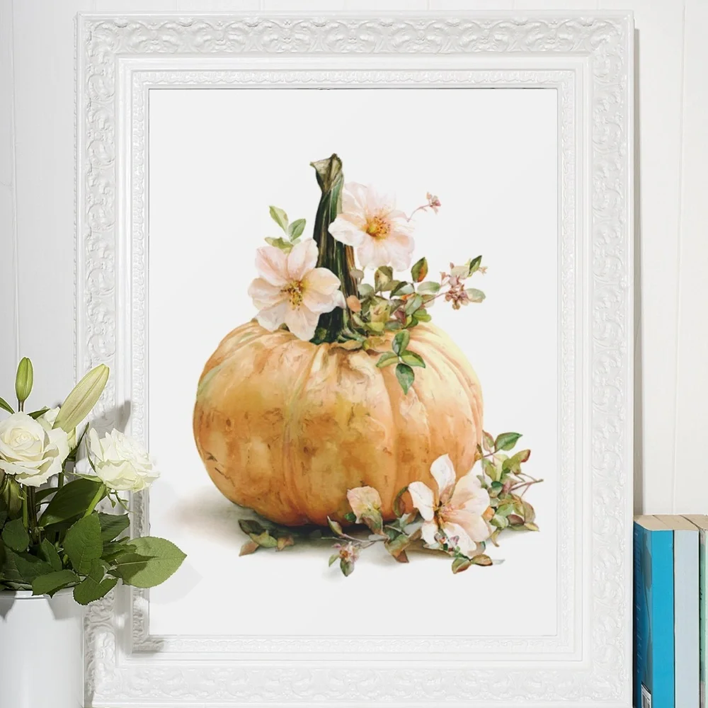 Watercolor Pumpkin with Flowers Wall Art Print Unframed - Cozy Autumn Elegance - Picture 7 of 7